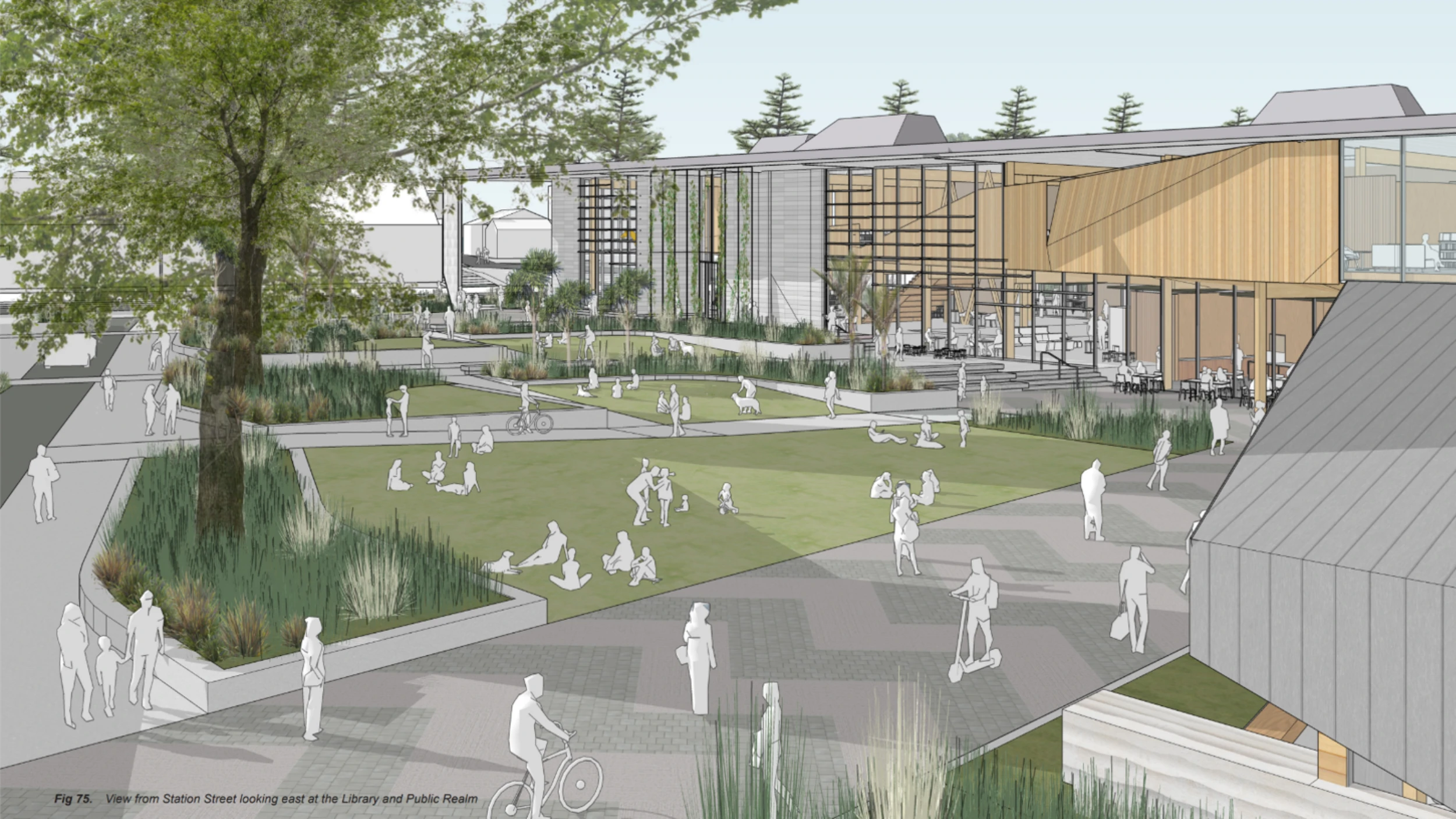 Modern urban park with a library has people relaxing, cycling, and scootering amid greenery. The scene conveys a lively, communal atmosphere.