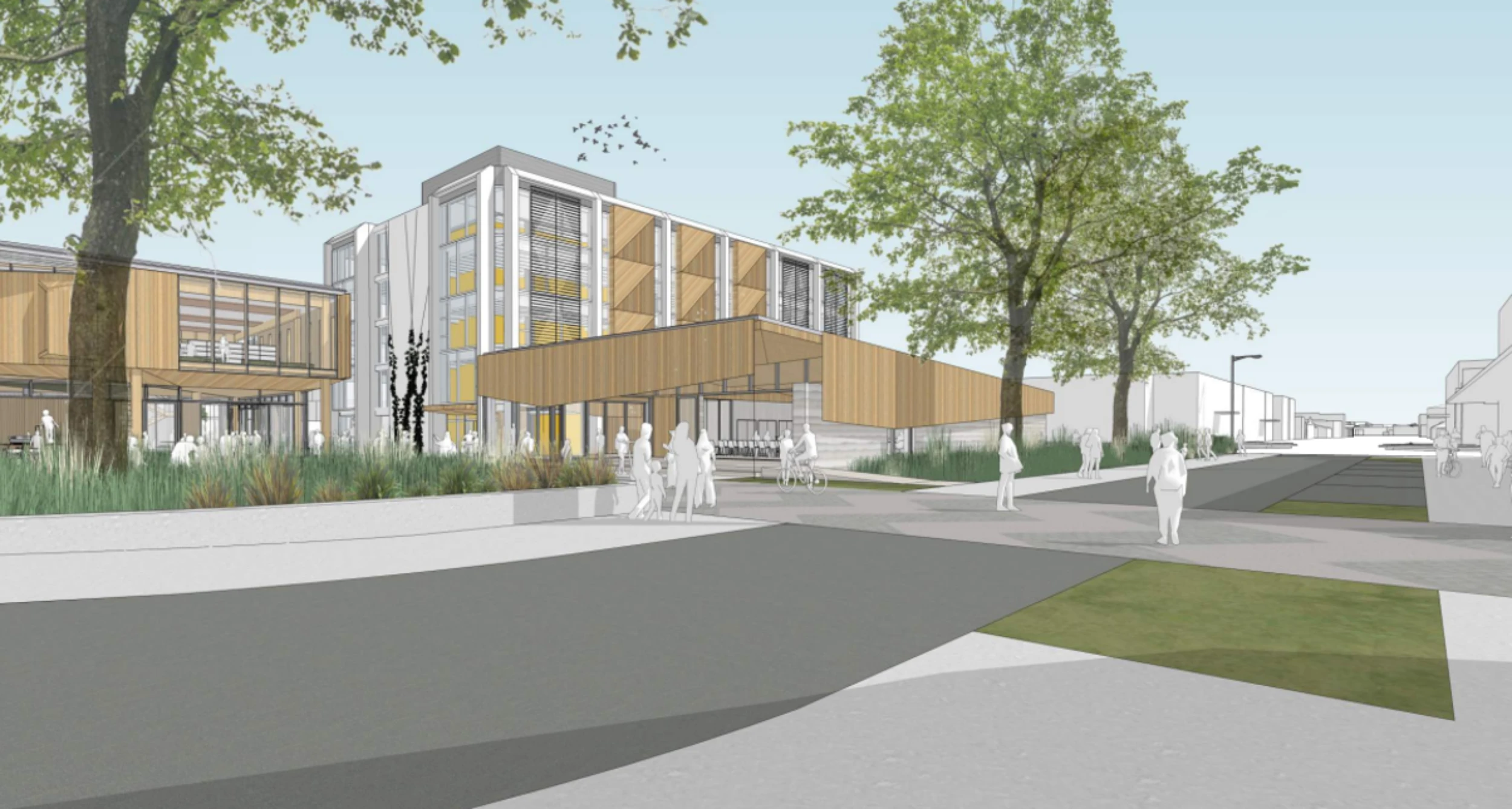 A modern architectural rendering shows a building with wooden accents and large windows, surrounded by trees and sidewalks, with people walking nearby.