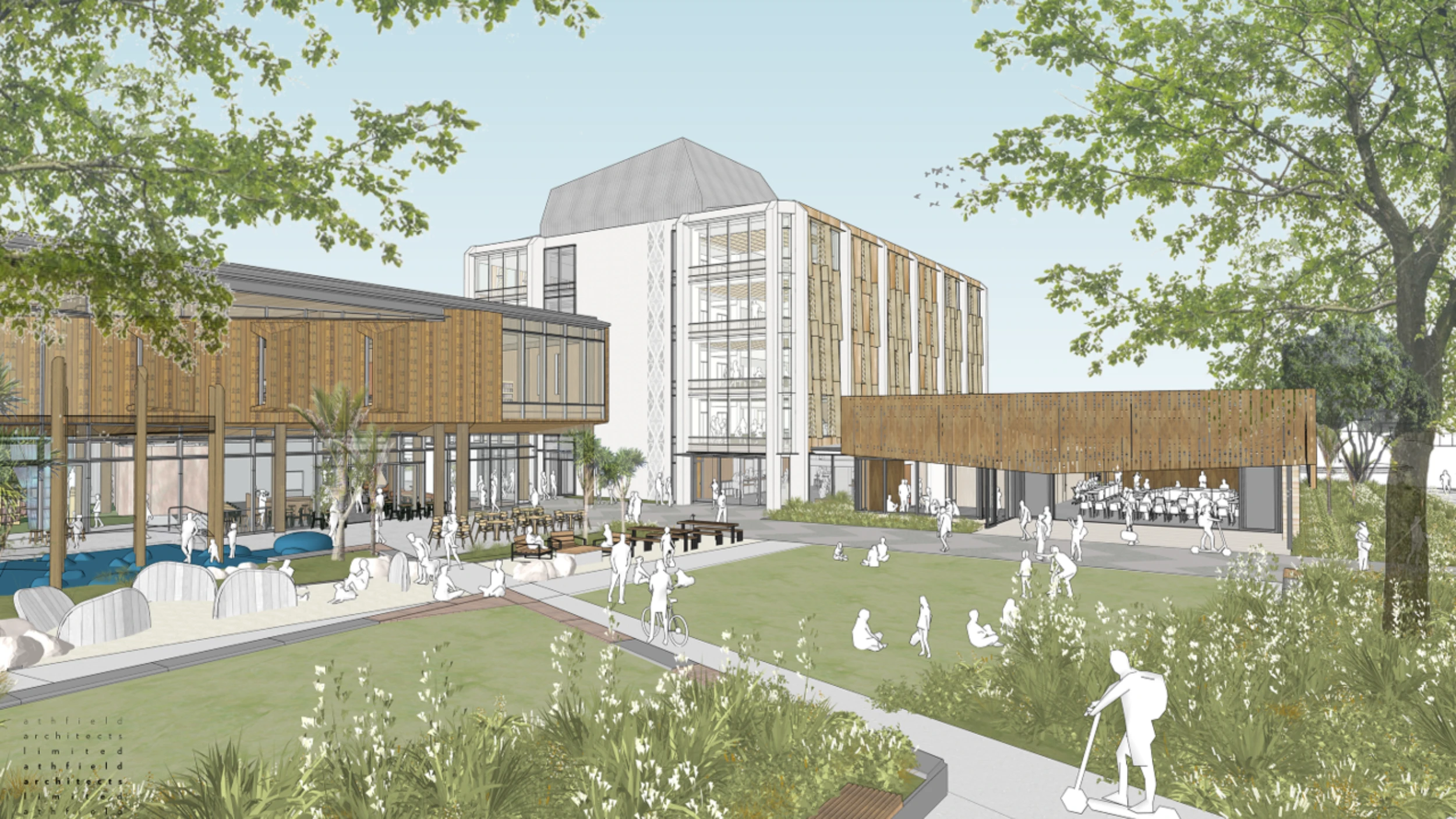 Architectural rendering of a modern building complex with wood and glass elements. People relax in a landscaped garden, enjoying a sunny day.